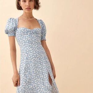 Reformation Lacey Blue Floral Midi Dress with Puff Sleeves